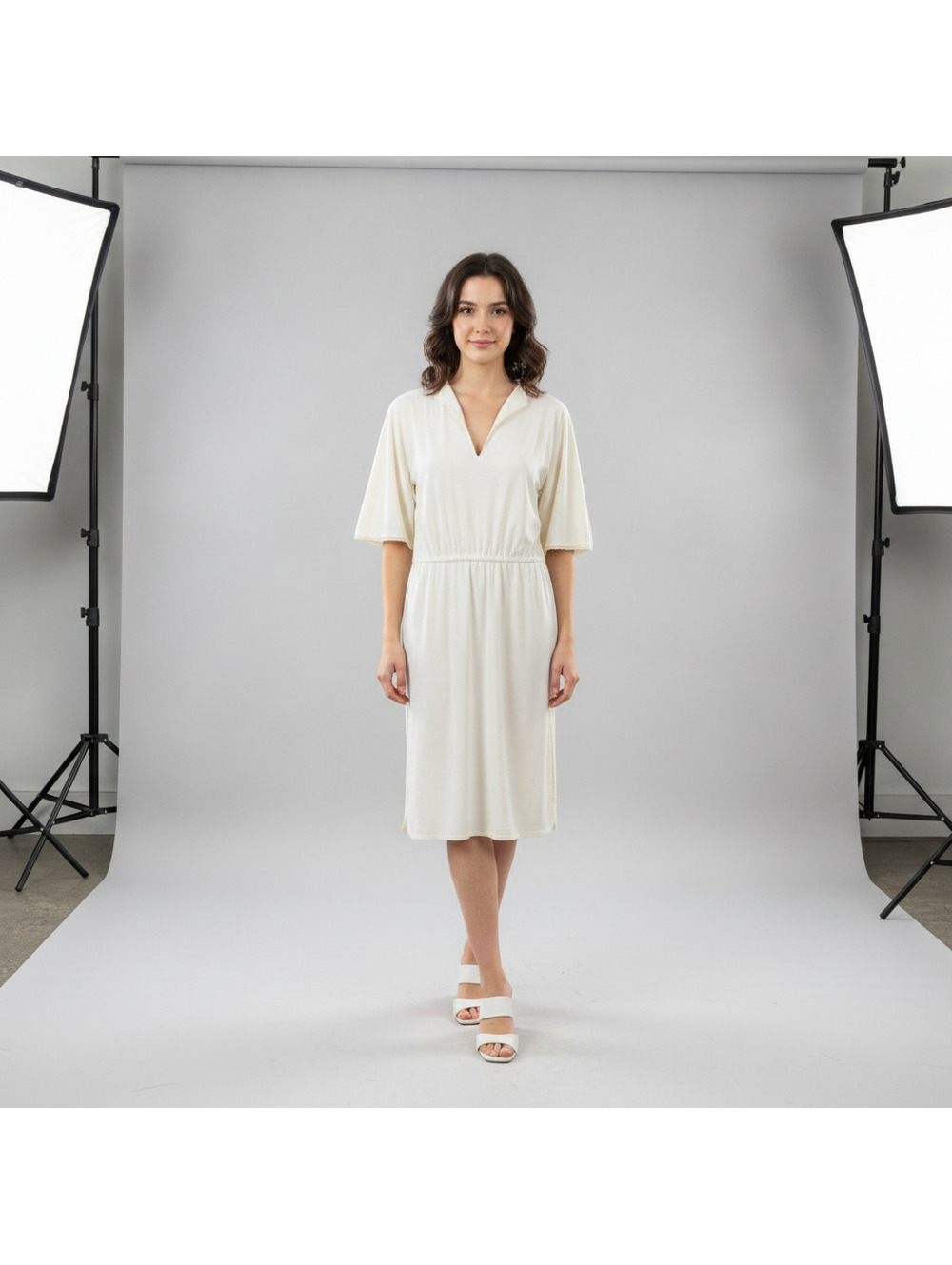 067 Vintage 70s Connections Cream Midi Dress V-Neck Flutter Sleeve Elastic Waist